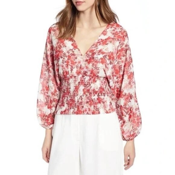 Revolve Wayf Women's Blouse Floral Print Smocked Waist Top Pink Red V-neck - Picture 13 of 13